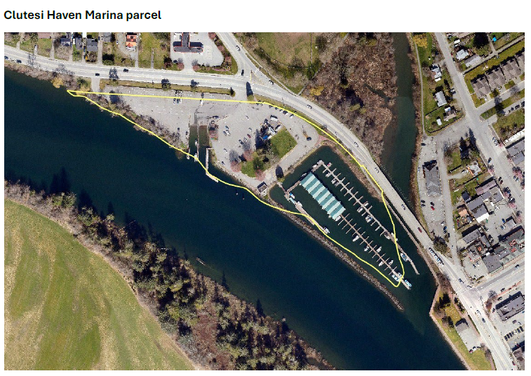 Aerial view of land parcel indicating Clutesi Haven Marina