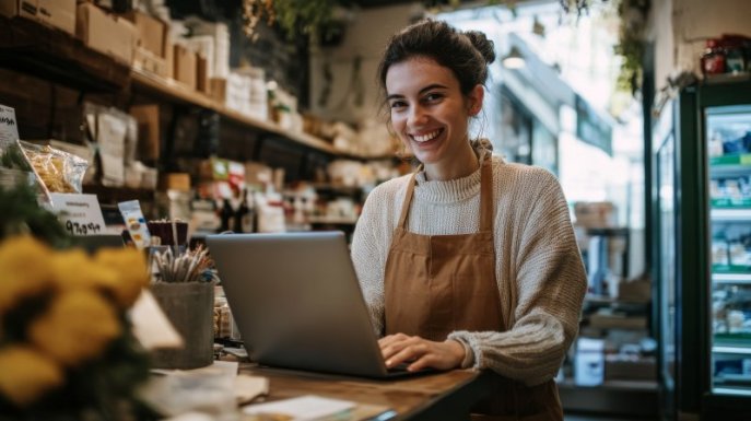 A young woman sits a laptop excited to start planning her new small business 