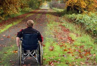 A picture of a man in a wheelchair on a forest trail